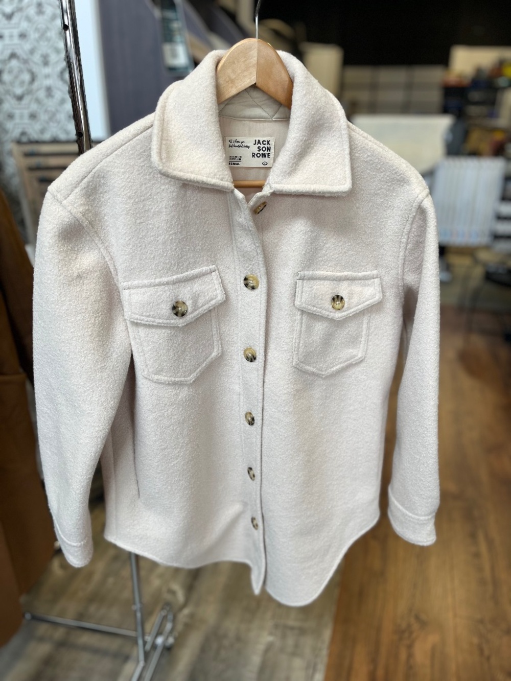 jackson Rowe cream button up shacket jacket with pockets